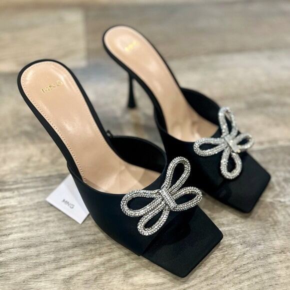 RARE MANGO Bow Rhinestone Heels NWT | Black Square Toe | Sz 7.5 & 9 - Picture 5 of 12